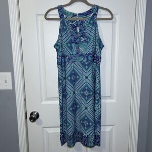 Ava Lynn Dress Women's Large Blue Paisley High Neck Sleeveless Boho Knee Length